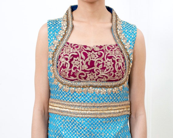 80s indian turquoise party dress | bright aqua se… - image 2