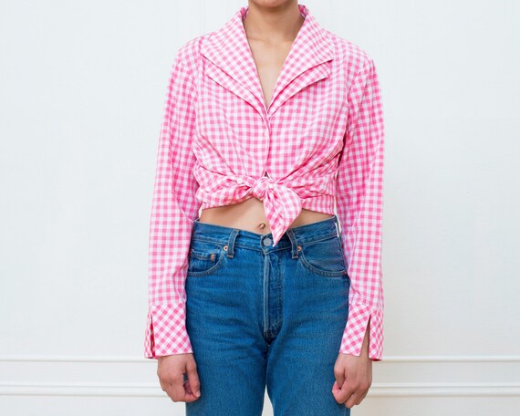 80s pink gingham silk blouse large | pink check pr