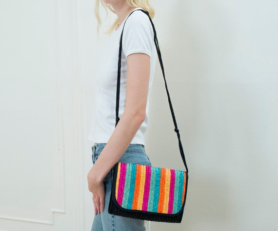 woven raffia purse | 80s rainbow stripe straw wea… - image 4