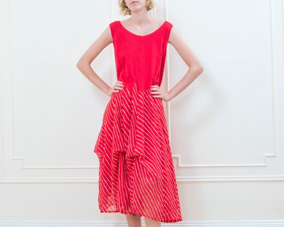 80s red striped dress | tiered midi oversized lay… - image 2