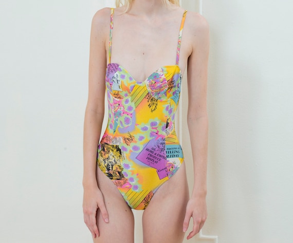 rainbow print yellow one piece swimsuit | 80s abst