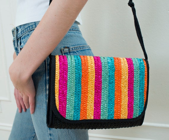 woven raffia purse | 80s rainbow stripe straw wea… - image 1