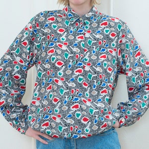 floral polka dot blouse red printed shirt medium 70s red psychedelic shirt red polka dot button down graphic western shirt