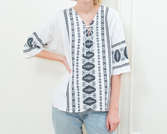 70s black and white cotton hippie blouse | lace up
