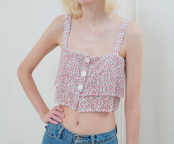 red floral crop top | 80s mesh flower print tank … - image 1