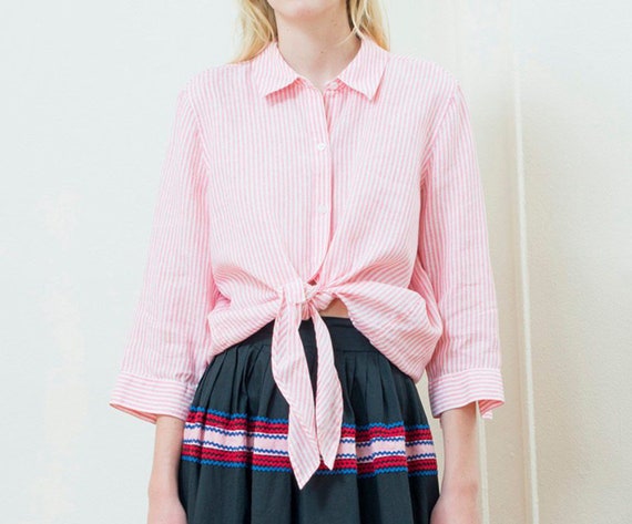 80s pink striped linen blouse large | tie front b… - image 1