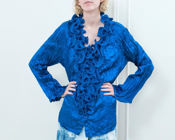 80s blue ruffle collar blouse | micropleat ruffled