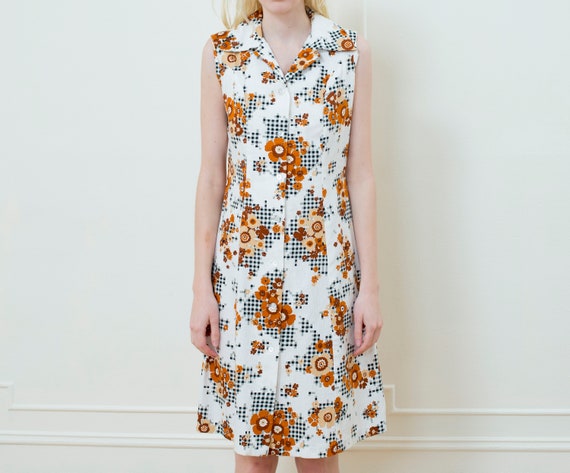 70s brown printed midi dress | sleeveless gingham