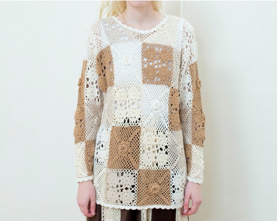 cream crochet knit sweater | 70s patchwork crewnec