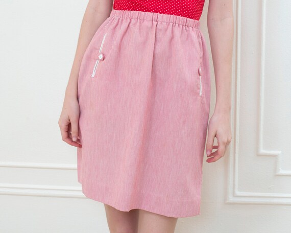 70s red striped mini skirt 28 waist small | elast… - image 2