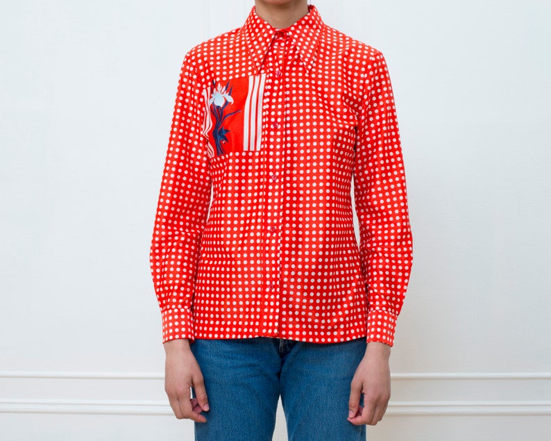 floral polka dot blouse red printed shirt medium 70s red psychedelic shirt red polka dot button down graphic western shirt