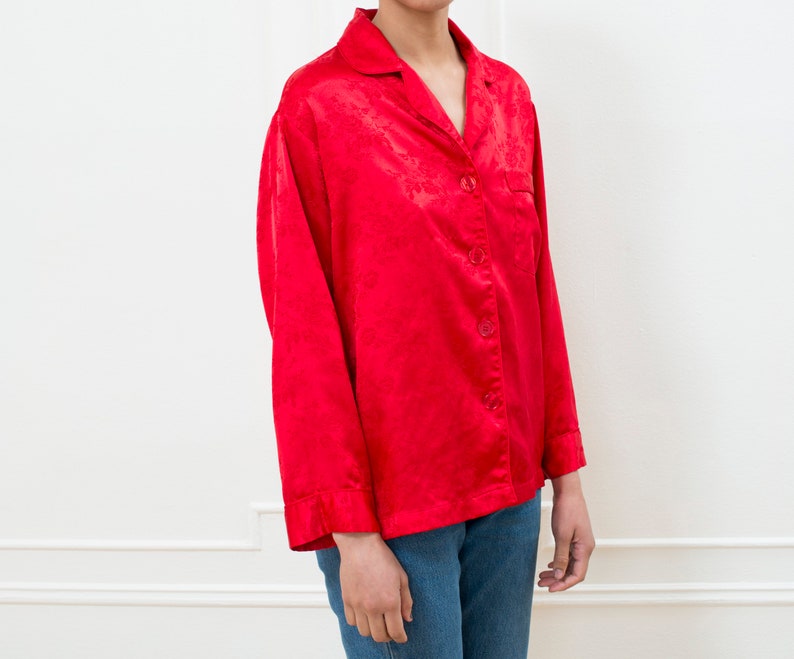 red silky pajama top 90s victoria/'s secret red button down shirt minimal red silky blouse minimalist red pajama shirt