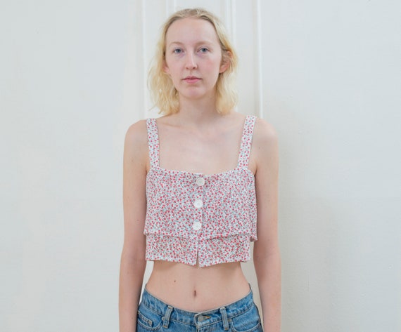 red floral crop top | 80s mesh flower print tank … - image 2