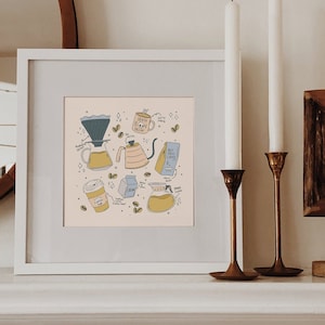 Impresión de amante del café cuadrado / impresión ilustrada / decoración del hogar / decoración del dormitorio / arte de la pared / impresión 8x8 / regalo lindo / regalo feliz