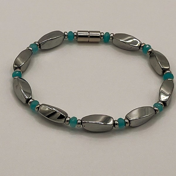 Magnetic Bracelet (Single strand with Silver 4-sided twisted magnetic beads, natural Blue Jade spacer beads and magnetic clasp)