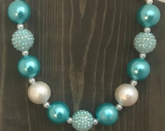 Bubblegum Necklace made with 20mm Cyan Pearl, Ivory Crinkle and "Ice Blue" rhinestone studded beads
