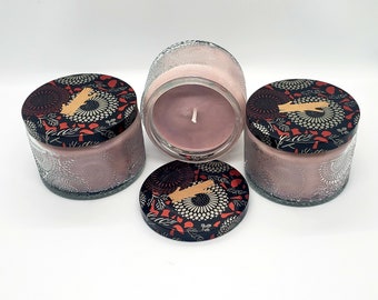 Sandlewood Scented 4 oz. Soy Candle/ Scented Candle/ Glass Embossed Candle/ Homemade/ Handpoured