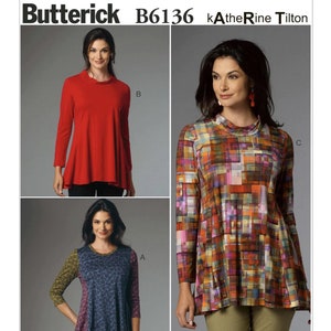 Misses-Plus Size Easy to Sew Long Sleeve Pullover Knit Fit & Flare Tunics Sewing Pattern, Misses Scoop Neck Pullover Knit Top Butterick 6136