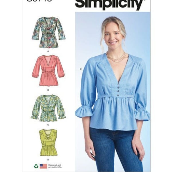 Simplicity S9748 Sewing Pattern for Misses' Pullover Top with Length and  Sleeve Variations, Blouse with Deep-V Neckline & Back Ties