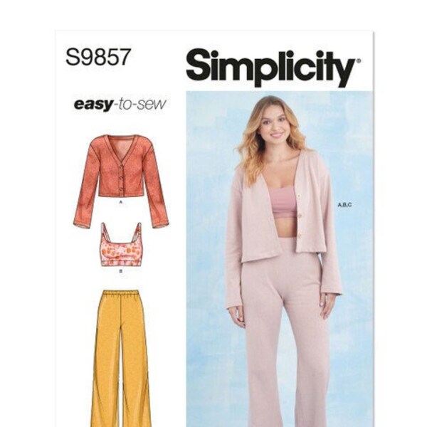 Simplicity S9857 Sewing Pattern for  Misses' Easy to Sew Knit Loungewear, Misses' Cardigan Bralette and Pull-On Pants ,Activewear for Women