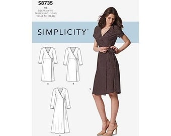 Simplicity S8735 Sewing Pattern, Misses', Petite and Plus Size Wrap Style Dresses, Dress with Sleeve and Skirt  Variations