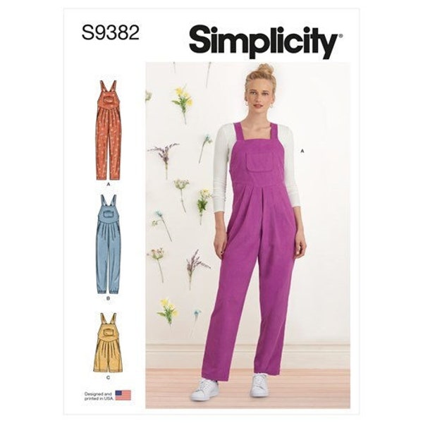 Simplicity S9382 Sewing Pattern, Misses' and Plus Size Straight Leg Overalls, Overall Pants and Shorts with Pockets and Back Ties.