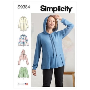 Simplicity S9384 Sewing Pattern, Misses' & Plus Size Knit Pull-On Pleated Sweatshirt,  Pullover Hooded Sweatshirt.