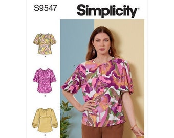 Simplicity S9547 Sewing Pattern, Misses' and Plus Size Semi-Fitted Blouse, Top/Tunic with Sleeve Variations, Womens Casual Tunic