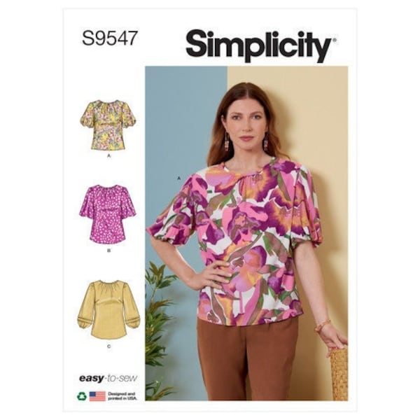 Simplicity S9547 Sewing Pattern, Misses' and Plus Size Semi-Fitted Blouse, Top/Tunic with Sleeve Variations, Womens Casual Tunic