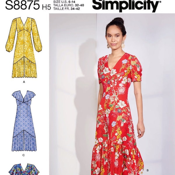 Simplicity S8875 Sewing Pattern, Misses and Women's Plus Size Deep V-Neck Empire Waist Dress, Long and Short Sleeve Dresses