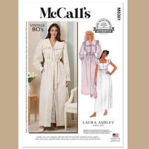 McCall&#39;s M8381 Sewing Pattern for Misses&#39; 1980s Vintage Style Long Sleeve Robe & Tie Belt, Long Pullover Nightgown, Retro Loungewear