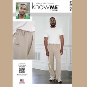 May include: A sewing pattern package with the text "knowME by mimiG" and "ME2106". The package features a photo of a person wearing beige pants and a white t-shirt. The package also includes a photo of a person's face.