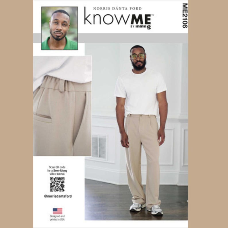 New and Uncut Know Me  ME2106 Sewing Pattern for Men's Casual Comfort Fit Pants with Buttoned Waistband, Fly Zipper and Elasticized Back