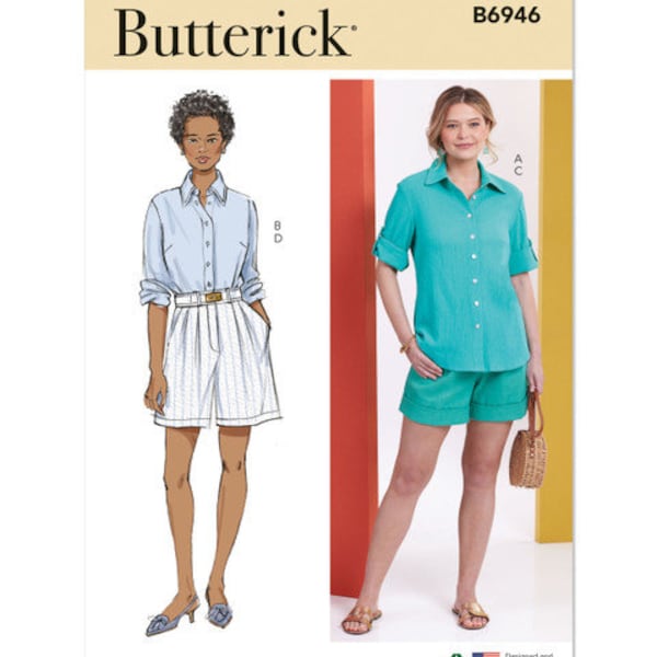 Sewing Pattern for Misses' and Plus Size Easy to Sew Shirts and Shorts, Butterick Pattern B6946, Women's Fitted Blouse & Pleated Shorts