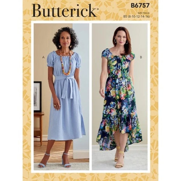 Butterick B6757 Sewing Pattern, Misses' & Plus Size Easy Sew Peasant Style Dresses, Dresses with Elastic Neckline + High-Low or Standard Hem