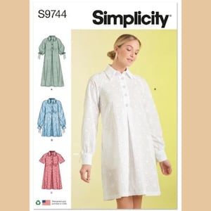 Simplicity S9744 Sewing Pattern for Misses' Loose Fit A-Line Dresses with Sleeve Options, Dress with Inverted Pleat & Half-Button Placket