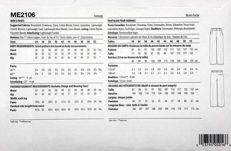 K&ouml;nnte beinhalten: Ein Schnittmuster f&uuml;r Herrenhosen, mit Gr&ouml;&szlig;entabellen und Stoffempfehlungen. Enth&auml;lt Ma&szlig;e in cm f&uuml;r Brust, Taille und H&uuml;fte, mit fertigen Kleidungsma&szlig;en.