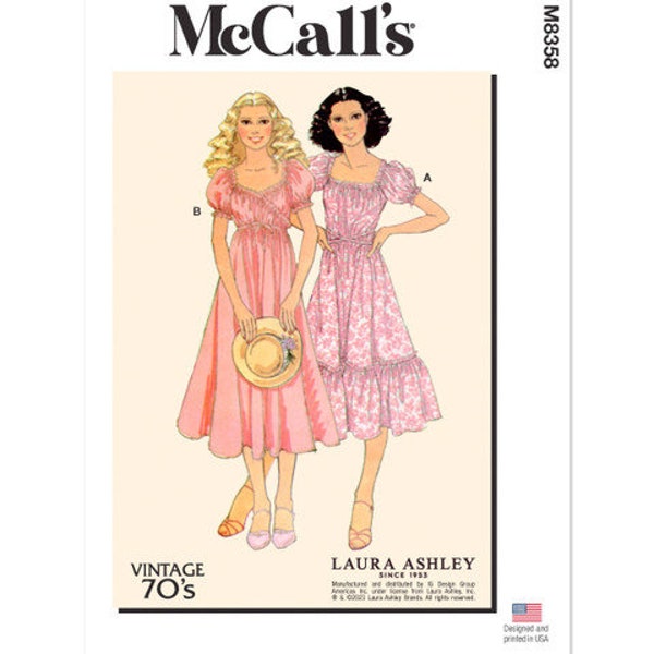 Patrón de costura M8358 de McCall para vestido cruzado estilo vintage de Misses Easy Sew, vestido estilo años 70 con escote cuadrado de Laura Ashley