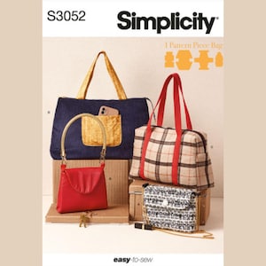 May include: A Simplicity S3052 sewing pattern envelope featuring four bag designs: a navy blue tote with a gold pocket, a red handbag with a gold handle, a beige plaid duffel with red straps, and a black and white tweed crossbody bag with a chain.