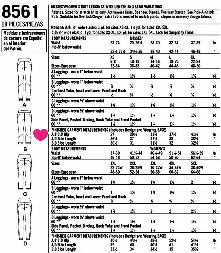 Simplicity Pattern 8561 sewing pattern womens leggings —  -  Sewing Supplies