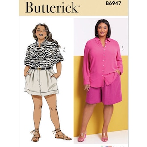 May include: A sewing pattern for a button-down shirt and shorts. The pattern is for sizes 14-22. The pattern is from Butterick and has the number B6947 on it.