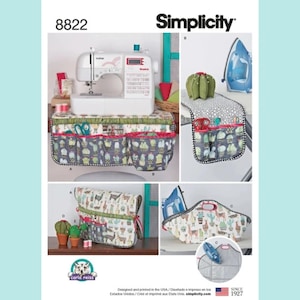 May include: Simplicity pattern 8822 for sewing machine covers and organizers featuring cactus and llama prints. The set includes designs with multiple pockets, a fold-over flap, and a carrying handle, shown with a sewing machine and iron.