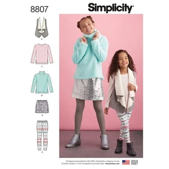 Simplicity S8807 Girls'children's Knit Top Turtleneck and Leggings Cascade  Vest Skirt Sewing Pattern, Girls' Sportswear Sewing Pattern 