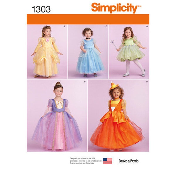 Patron Simplicity S1303, déguisements de princesse pour tout-petits et enfants, déguisement d'Halloween fille, robes de cosplay.