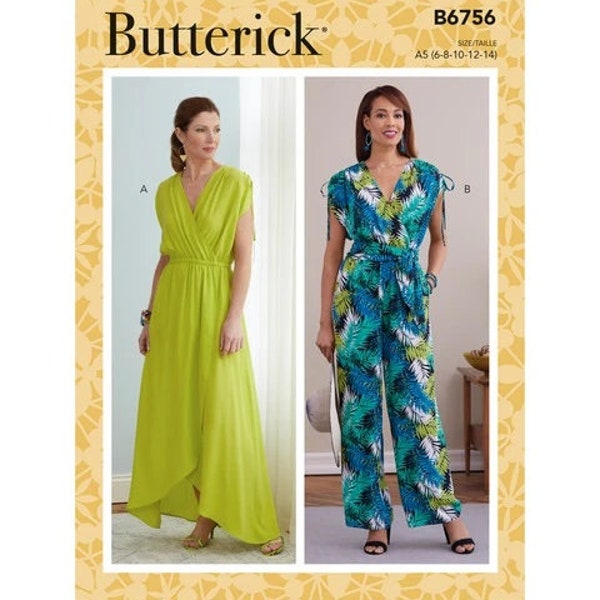 Butterick B6756 Sewing Pattern, Misses and Plus Size Sleeveless Faux Wrap Maxi Dress, Jumpsuit and Sash, Easy to Sew  Dress and Jumpsuit