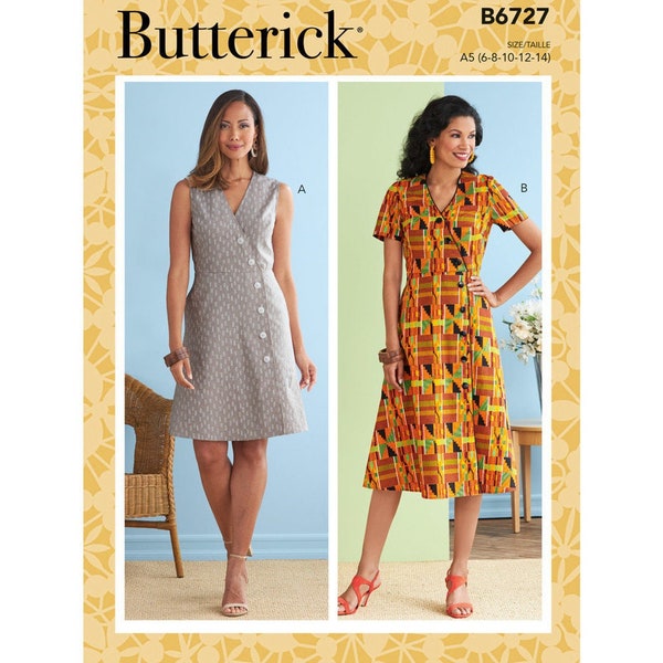 Butterick B6727 Sewing Pattern, Misses' or Plus Size Easy to Sew Faux Front Button Dresses, Dresses with Wrap Front and A- Line Skirt