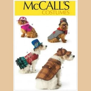 May include: McCall's Costumes pattern featuring dogs in various outfits. One dog wears a pink vest and hat, another a gray coat and hat, a third a red jacket and hat, and the last a brown plaid coat and hat.