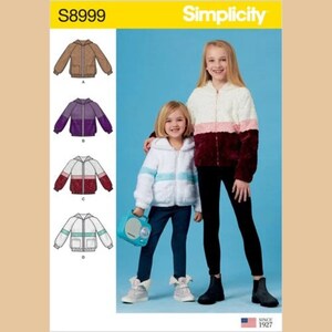 Simplicity S8999 Sewing Pattern for Childs' Unlined Knit Front Zip Jacket,  Long Sleeve Hooded Jacket for Girls',  Outerwear for Kids