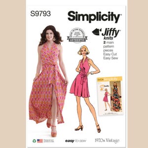 Simplicity S9793 Sewing Pattern for Women&#39;s Easy Sew Knit Front-Wrap Halter Style Dress in Two Lengths, 1970&#39;s Retro Jiffy Pattern
