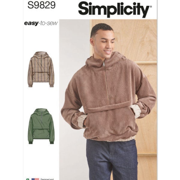 Sewing Pattern for a Men's Easy to Sew Half Zip Hoodie, Simplicity Pattern S9829, Long Sleeve Top with Kangaroo Pocket, Men's Activewear